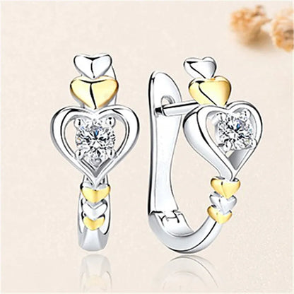 Romantic Two-tone Heart Stud Earrings 925 Silver 18K Gold Plated Round Crystal Rhinestone Wedding Jewelry For Women