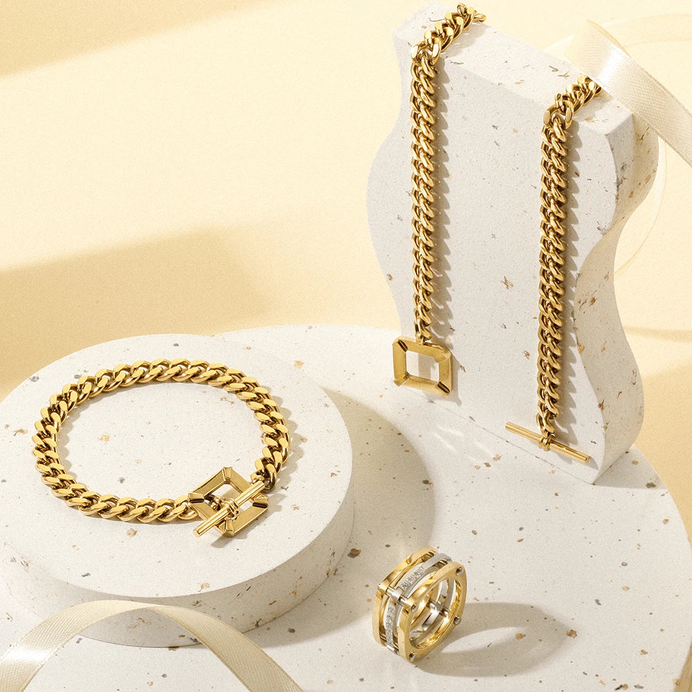 OT Buckle Square Toggle Clasp Cuban Link Chain Gold Plated Stainless Steel Bracelet for Women