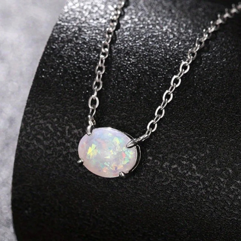 Oval Iridescent Gemstone Pendant Necklace Claw Setting Classic Unisex Link Chain Jewelry