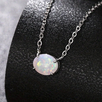 Oval Iridescent Gemstone Pendant Necklace Claw Setting Classic Unisex Link Chain Jewelry