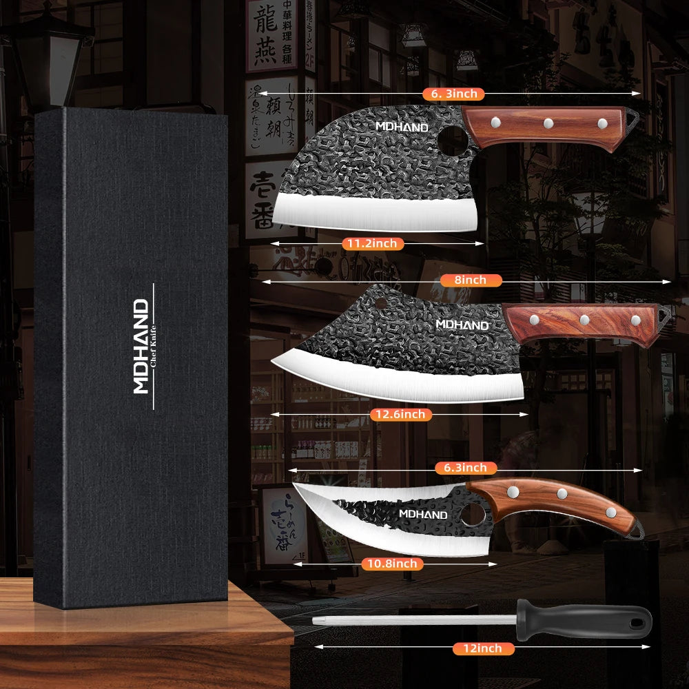 High Carbon Steel Blade Butcher Knife Set Hand Forged with Ergonomic Wooden Handle Kitchen Knife Set