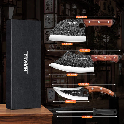 High Carbon Steel Blade Butcher Knife Set Hand Forged with Ergonomic Wooden Handle Kitchen Knife Set