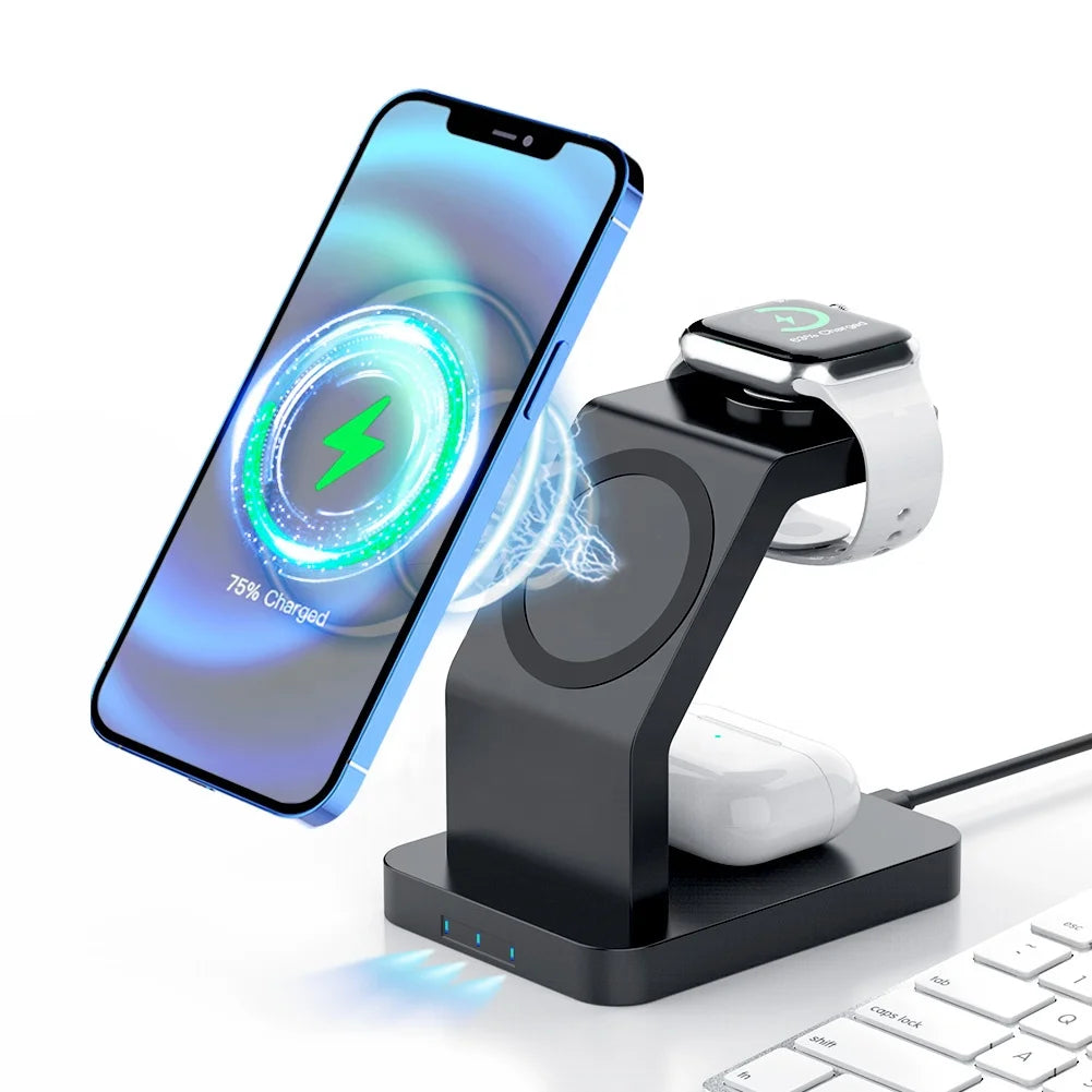 3 in 1 Magnetic Wireless Fast Charging Stand with QC3.0 for iPhone 12-17 Type-C for Earphone/IWatch
