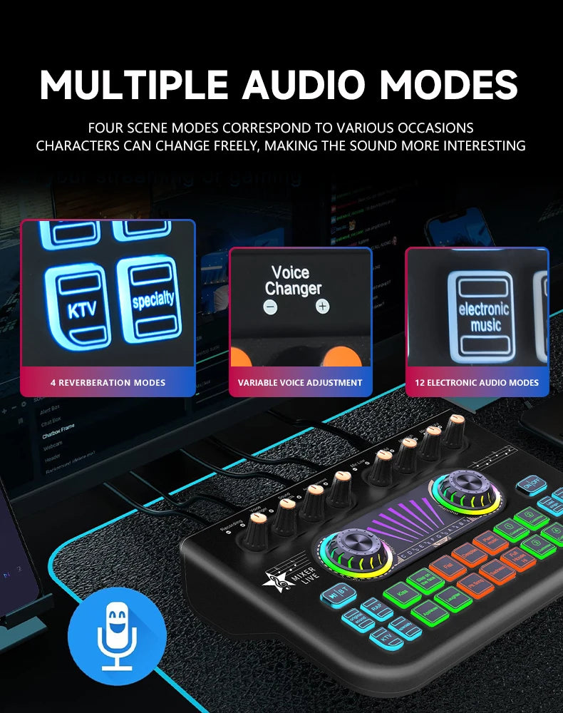 Audio PC USB Studio Recorder Music Sound Card K300 Live Audio Mixer Interface Sound Board with Multiple DJ Effects for Streaming