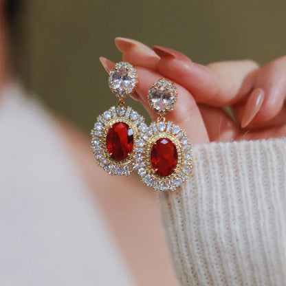 Plbaca Gold Plated Drop Earrings With Red Zircon And Crystal Rhinestone Bezel Setting For Women Party Classic Style