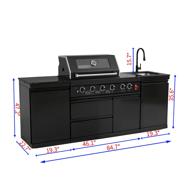 US in Stock Outdoor Kitchen Barbecue Island Black Stainless Steel Barbecue Island 4 Burner BBQ Grill with Sink