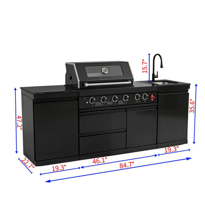 US in Stock Outdoor Kitchen Barbecue Island Black Stainless Steel Barbecue Island 4 Burner BBQ Grill with Sink