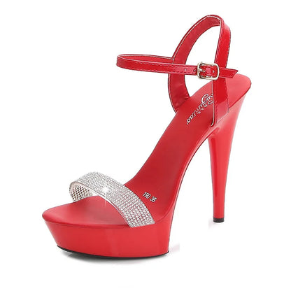 Black Red Silvery Rhinestone Women's High Heels Sandals Sexy Summer Platform Pumps Women Colorful Patent Leather Fine Heel Shoes
