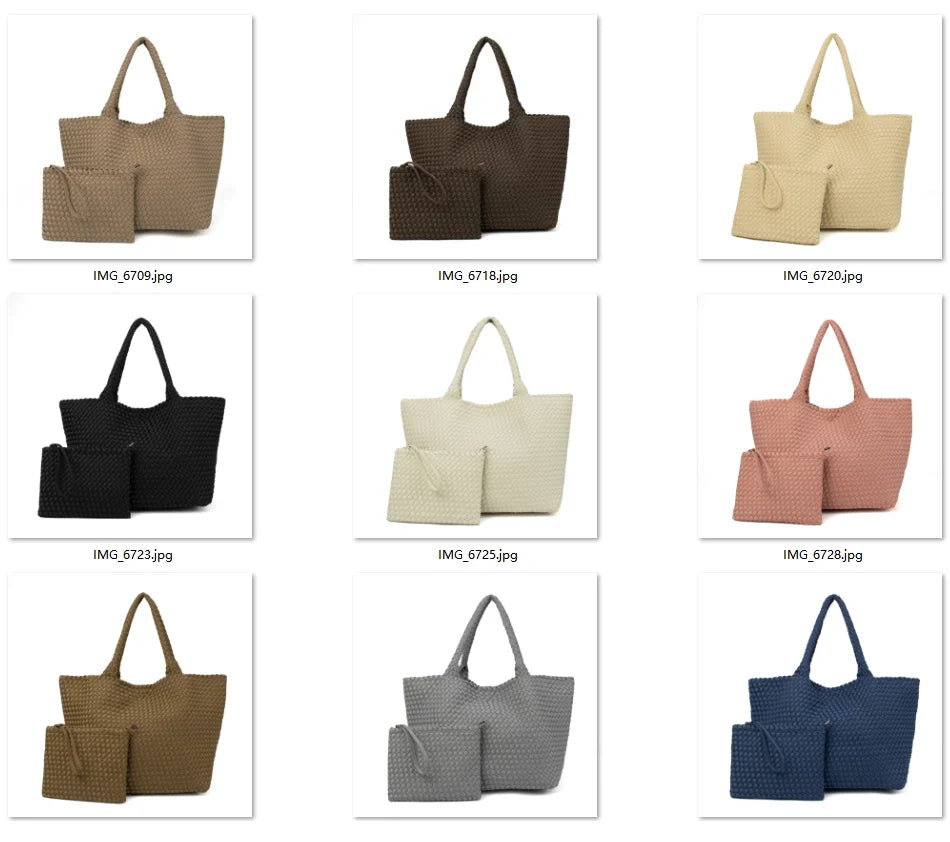 2 Pcs Set Fashion Casual Shoulder Waterproof Lady Woven Purse Hobo Women Neoprene Tote Bag Large Capacity Patchwork Handbag