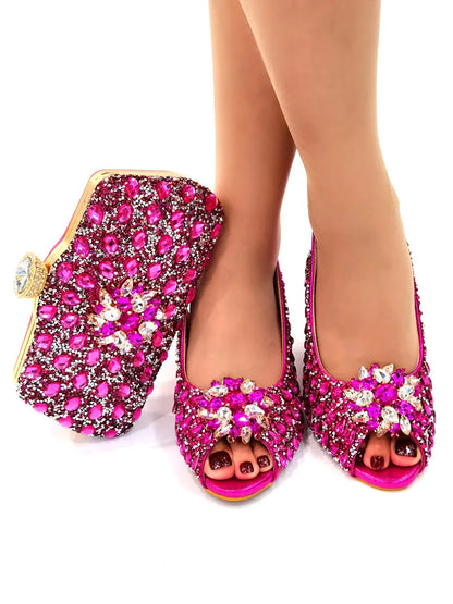 Ladies Italian Shoes and Bag Set Decorated with Rhinestone Matching Shoes and Bag Set In Heels Women Comfy Platform Sandal Shoes