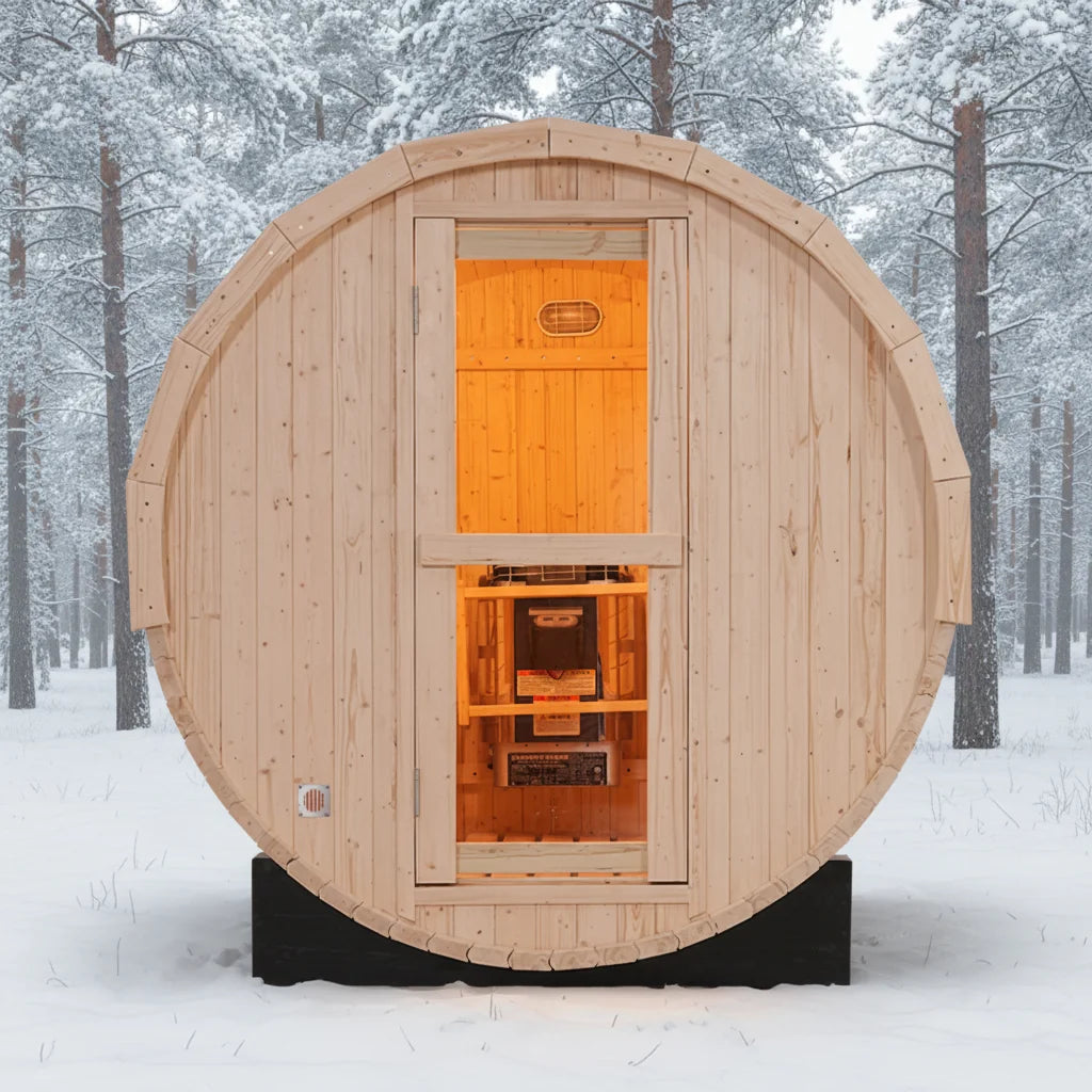 Luxury 6FT Outdoor Barrel Sauna Featuring a Panoramic Glass Front and Premium Commercial-Grade Heater