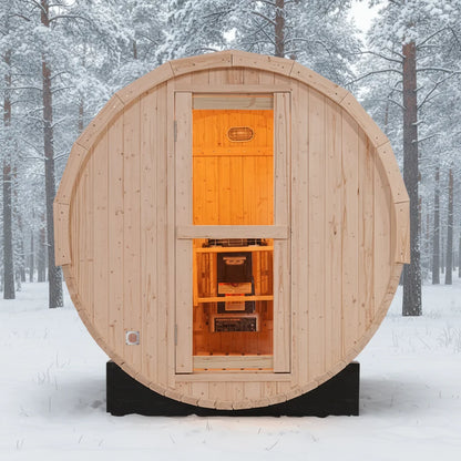 Luxury 6FT Outdoor Barrel Sauna Featuring a Panoramic Glass Front and Premium Commercial-Grade Heater