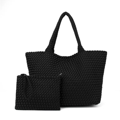 2 Pcs Set Fashion Casual Shoulder Waterproof Lady Woven Purse Hobo Women Neoprene Tote Bag Large Capacity Patchwork Handbag
