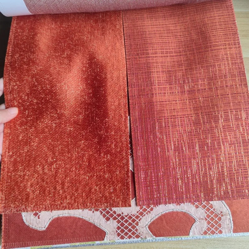 Luxury Home Textile Curtains Red-Orange Indoor Upholstery Fabric and Drapery Fabric With Sliver Gold Thread Pattern