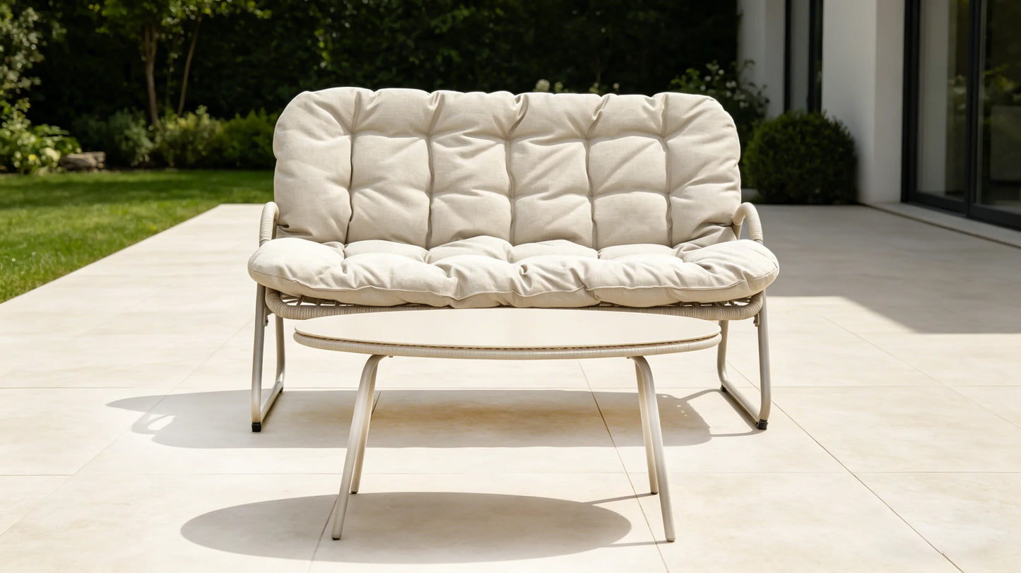 Modern Eco-Friendly Durable Outdoor Loveseat Coffee Table Set All-Weather Metal Frame Patio Conversation Thick Cushions Garden