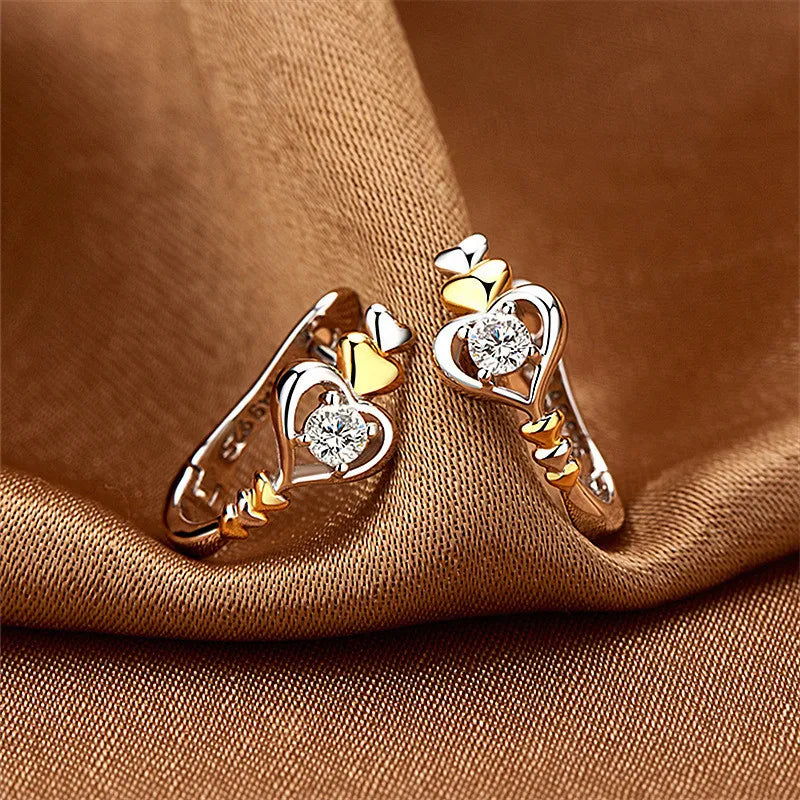 Romantic Two-tone Heart Stud Earrings 925 Silver 18K Gold Plated Round Crystal Rhinestone Wedding Jewelry For Women
