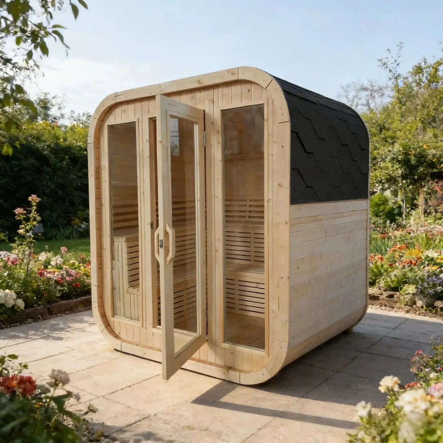 Modern White Pine Sauna Room - Solid Wood & Tempered Glass, Ready for Your Backyard