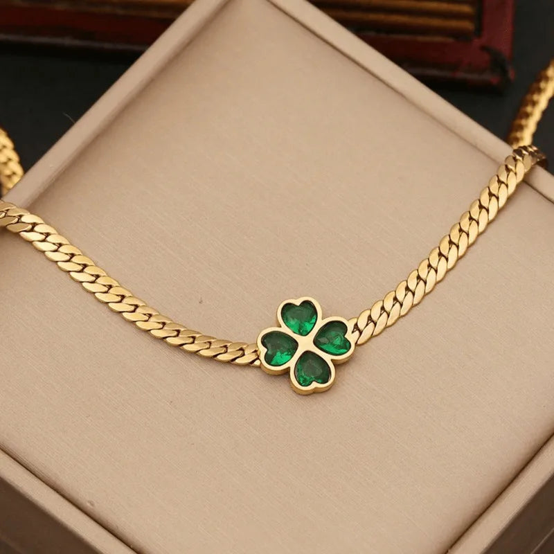 Green 1set Heart Cubic & Flower Shaped Stainless Steel Jewelry Set for Women, 3pcs Including Necklace, Bracelet and Earrings