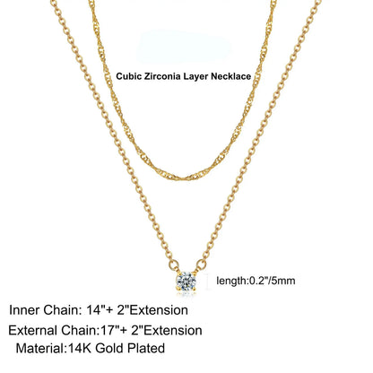 Simple Hypoallergenic Women's Necklace Stainless Steel Wave Cross Chain 14K Gold Plated Double Layer CZ Zircon Necklace