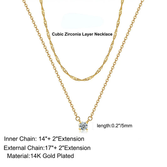 Simple Hypoallergenic Women's Necklace Stainless Steel Wave Cross Chain 14K Gold Plated Double Layer CZ Zircon Necklace