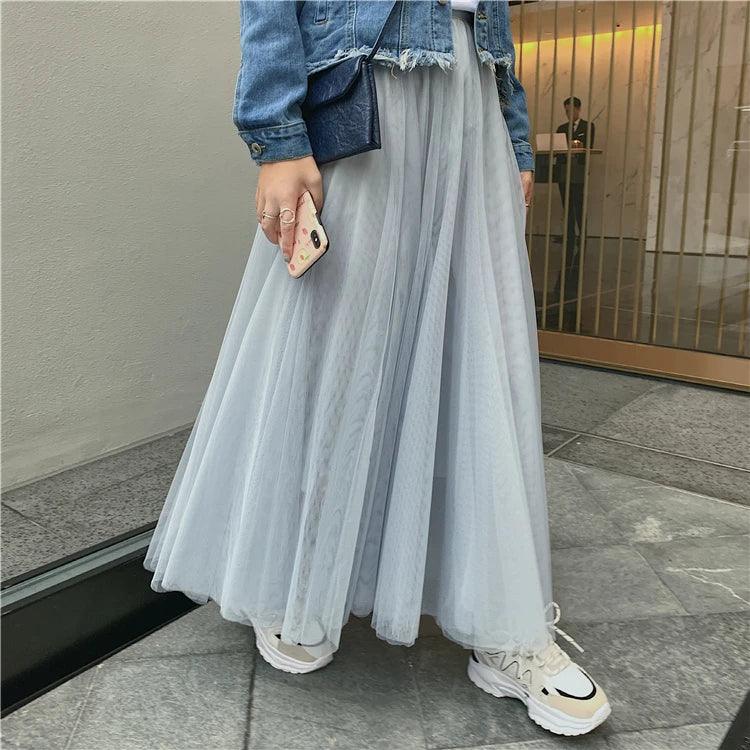 TingYiLi Elegant Tulle Skirt Autumn Winter Big Swing Women Skirt Korean Cute Pink Green Gray Blue Brown Black Long Skirt Tutu