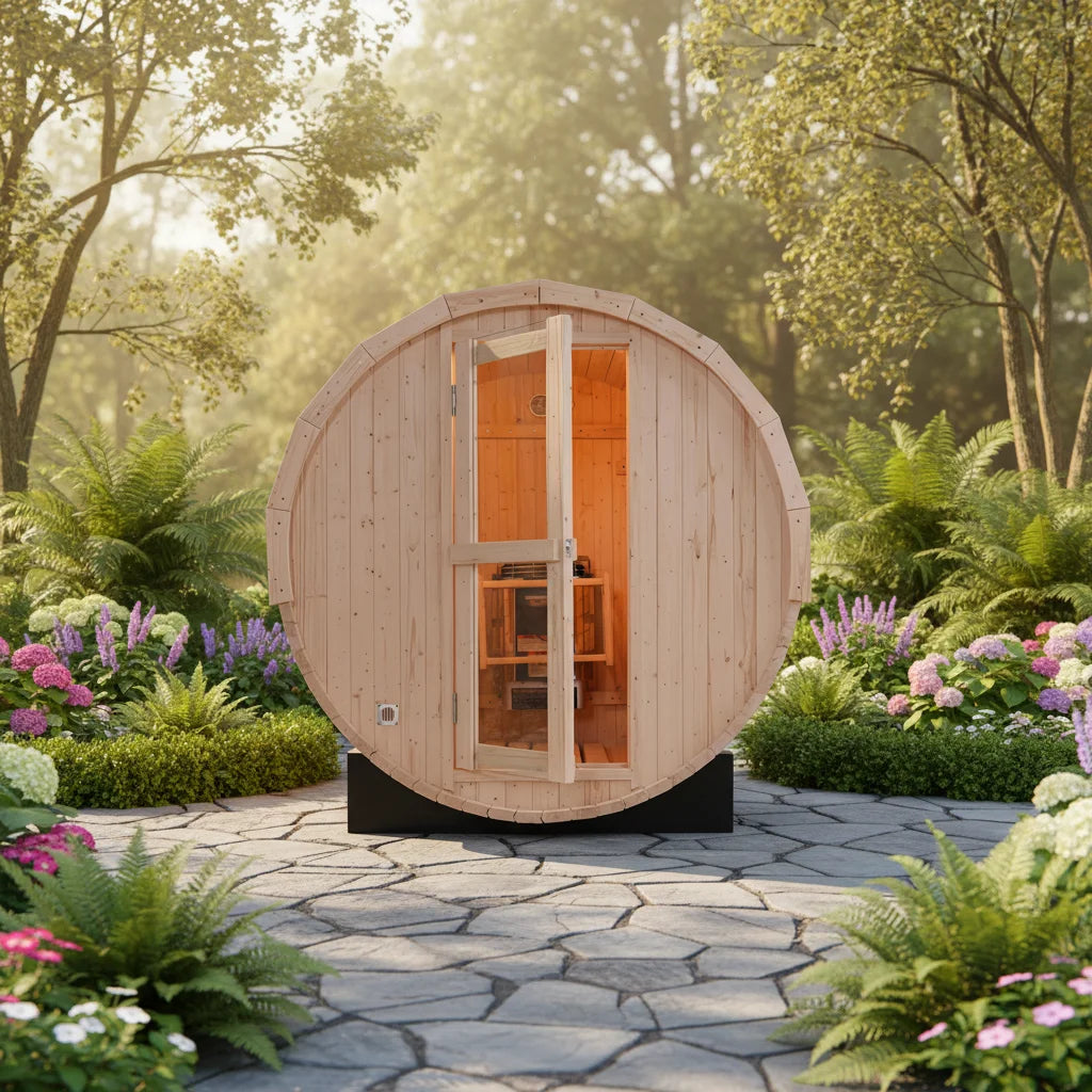Premium 4-Person Outdoor Barrel Sauna Kit - Natural White Pine Wood, Home Spa & Backyard Wellness Retreat