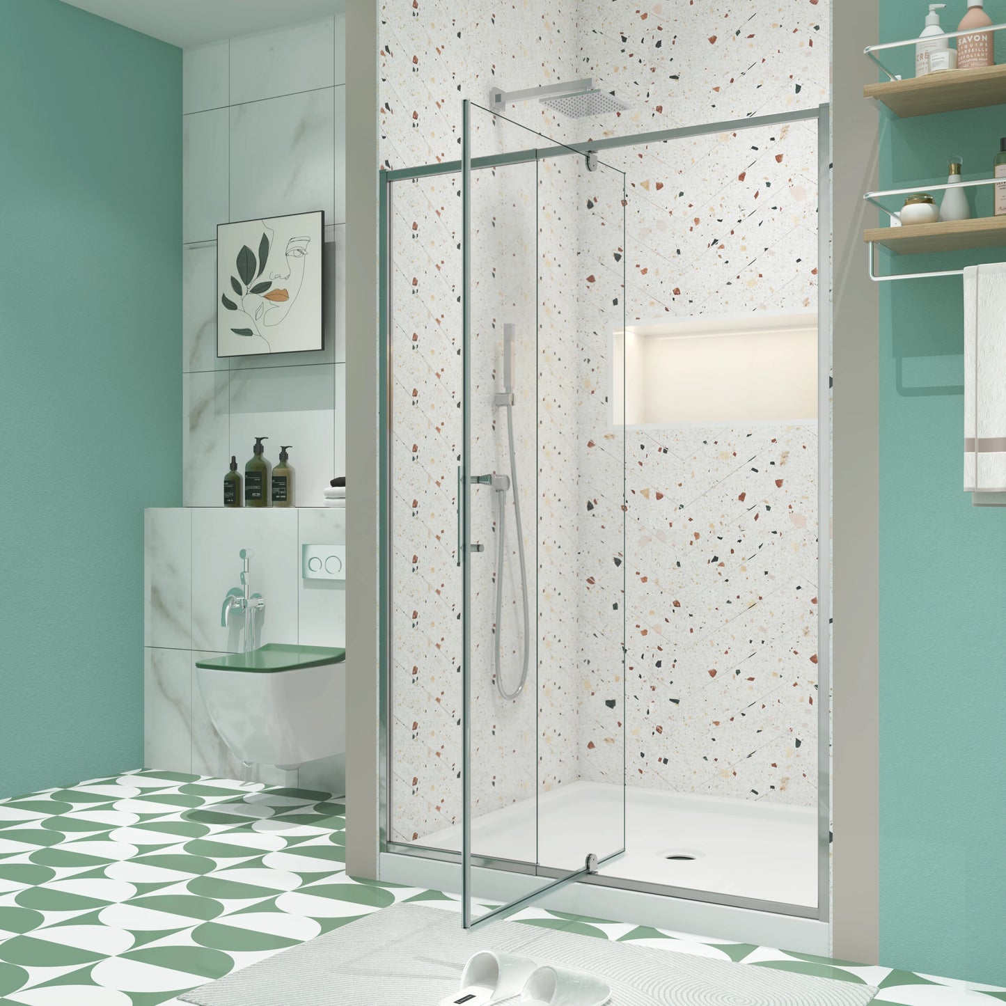 56-60" X 71" Chrome Pivot Shower Door, 1/4" SGCC Tempered Glass & Reversible Installation