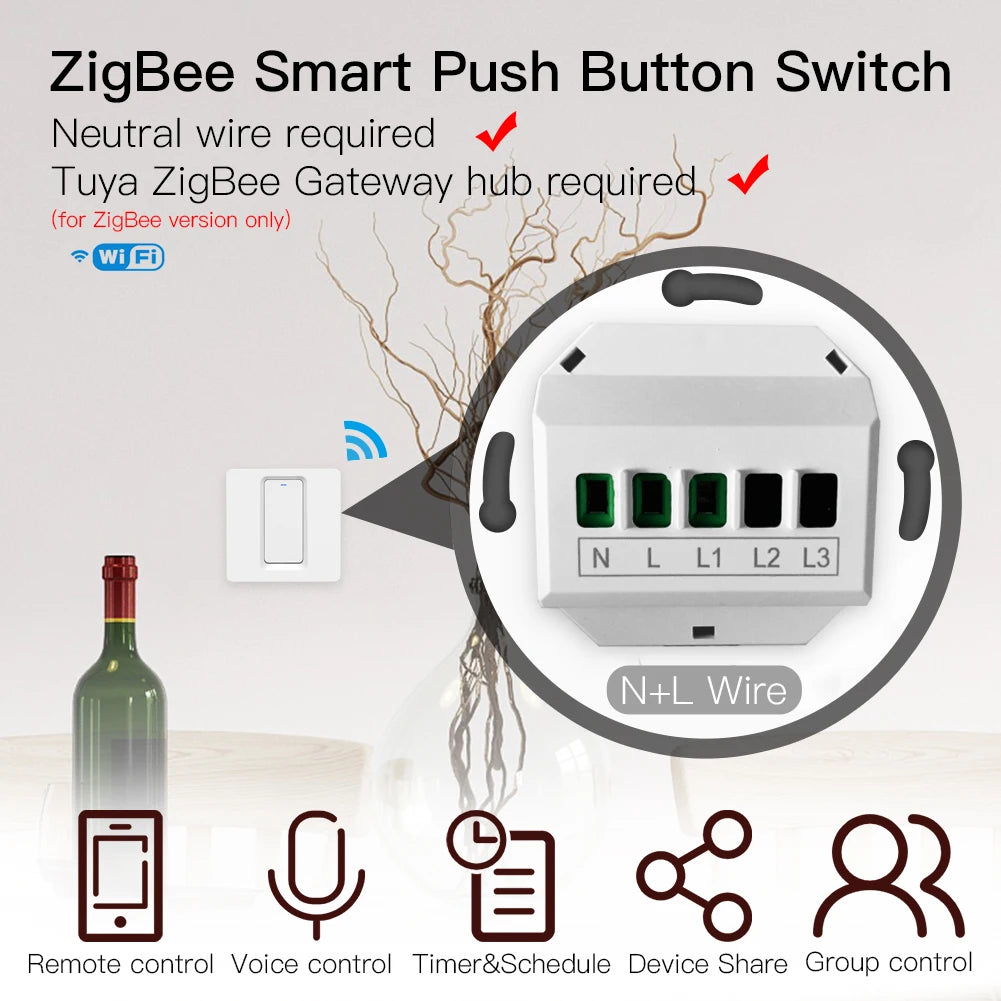 SLS Zigbee 1 Gang Smart Wireless Wall Switch for Tuya Single Pole Push Button Electrical Switch Alexa Voice Control 10A Max.