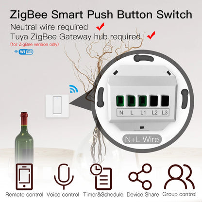 SLS Zigbee 1 Gang Smart Wireless Wall Switch for Tuya Single Pole Push Button Electrical Switch Alexa Voice Control 10A Max.