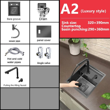 Rice Grain Emboss Stainless Steel Kitchen Sink Small Single Slot Hidden Multifunctional RV Bar Sinks With Lid Undermount Basin