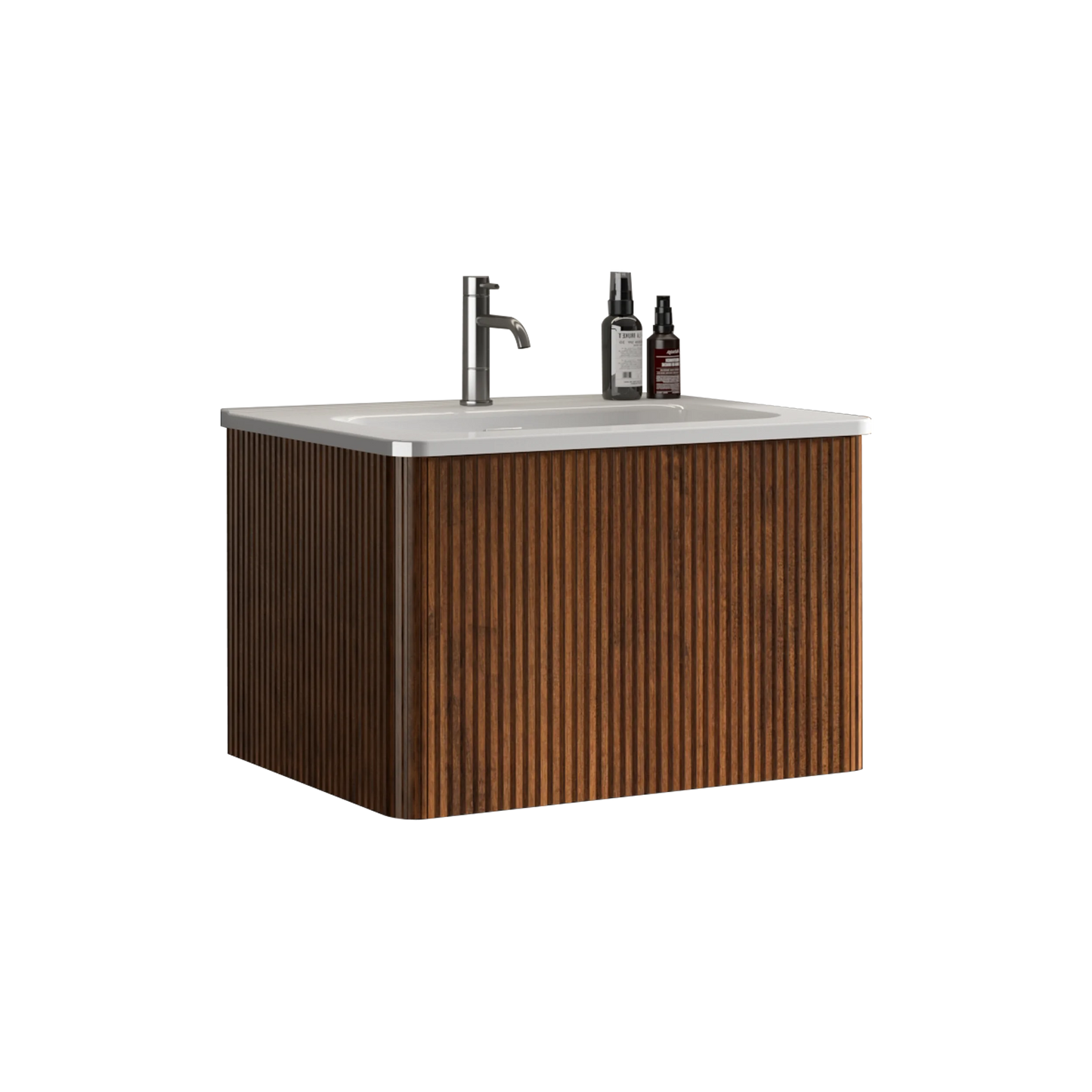 Homein 24 in White+Walnut Bathroom Vanity with Sink, Wall Mounted Melamine Floating Cabinet with Striped Push-open Drawers