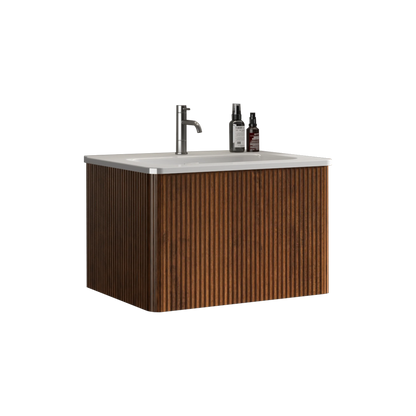 Homein 24 in White+Walnut Bathroom Vanity with Sink, Wall Mounted Melamine Floating Cabinet with Striped Push-open Drawers