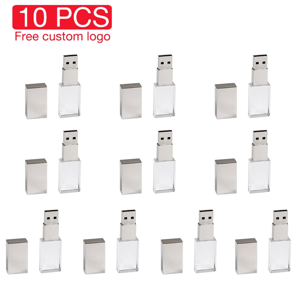10PCS/LOT Crystal USB 2.0 Wedding Gift Flash Drives Free Custom Logo Pen Drive 100% Real Capacity Stick 128GB 8GB 16GB 32GB 64GB