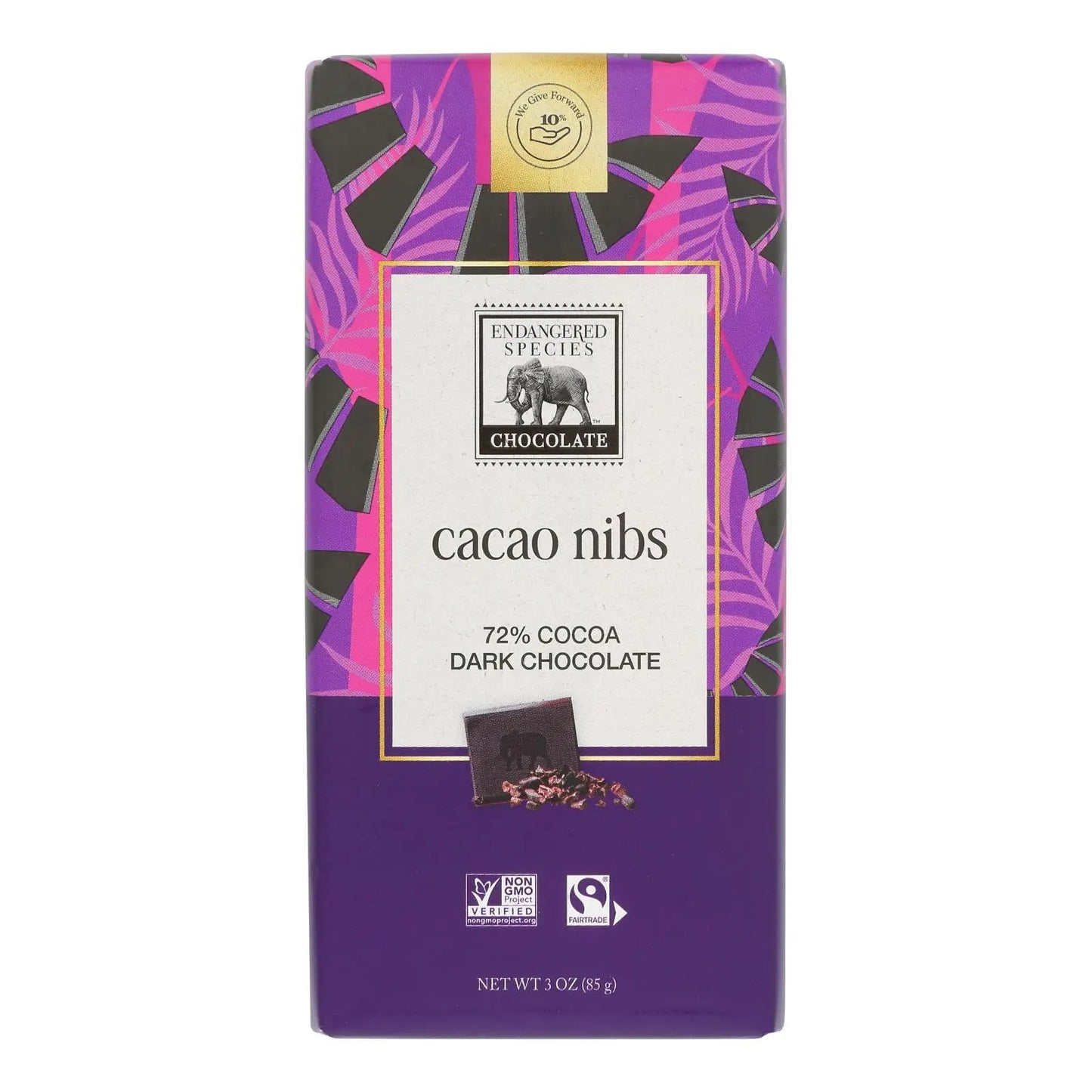 UD2 Natural Chocolate Bars 72% Cocoa 3 oz Solid Dark Chocolate with Sweet Taste Case of 12-Endangered Species Cacao Nibs