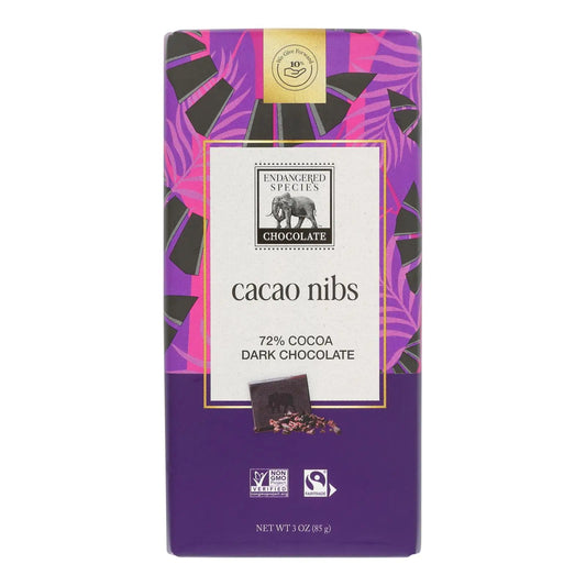 UD2 Natural Chocolate Bars 72% Cocoa 3 oz Solid Dark Chocolate with Sweet Taste Case of 12-Endangered Species Cacao Nibs