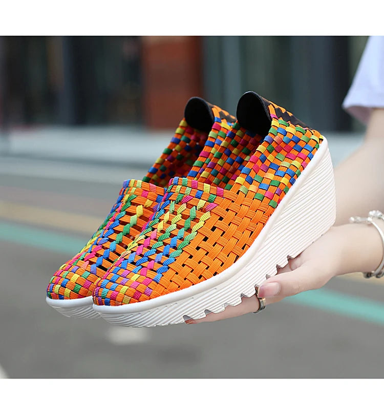 New Women Sneakers Summer Casual Shoes Woven Flat Platform Women's Shoes Breath Loafers Lady Footwear Soft Zapatos Plus Size 42
