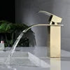 Stainless Steel 304 Brushed Gold Basin Faucet Deck Mount Waterfall Faucet Cold and Hot Bathroom Vanity Vessel Sink Mixer Tap