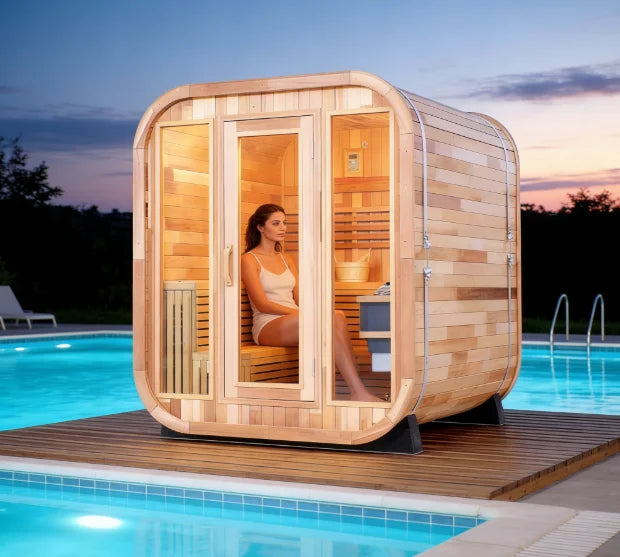 In Stock Canadian Spliced Red Cedar Traditional Large Cube Outdoor Sauna With 8mm Tempered Glass Garden Multi Person Health Spa