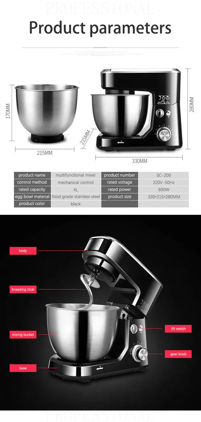 AC220-240V 50-60HZ 600W POWER 4L bowl Powerful home use mini food mixer hand mixer stand mixer Polupar Dough Cream Mixer muliuse