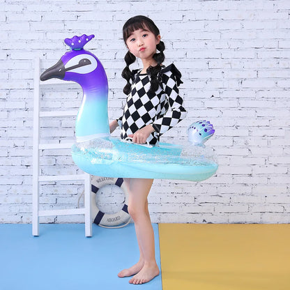 Peacock Lovely Eco-friendly PVC Inflatable Bubble Bottom Sequin Seating Swim Ring for Kids Water Sport