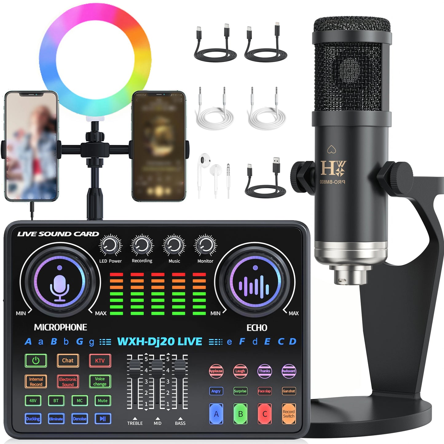 DJ20 Live Sound Card Audio Mixer 48V Capacitive Microphone Sound Card Full Set Mobile Phone Live Streaming Karaoke Sound Card