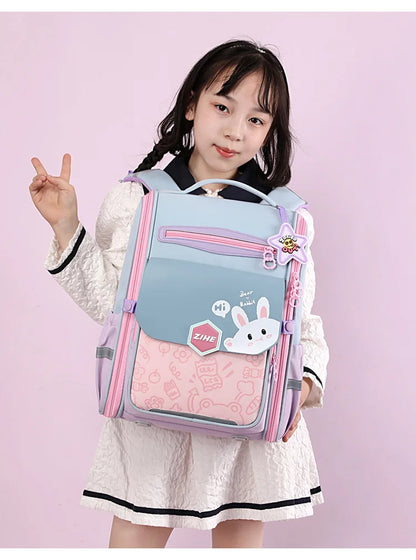 Ultra-Light Female Student Backpack Waterproof Fashion 1-4-6 Grade Contrast Color Ridge Protection Burden Reduction for Primary