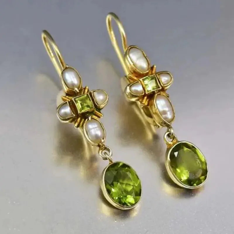 Vintage Gold Plated Drop Earrings With Peridot And Imitation Pearl Bezel Setting For Women Party Jewelry