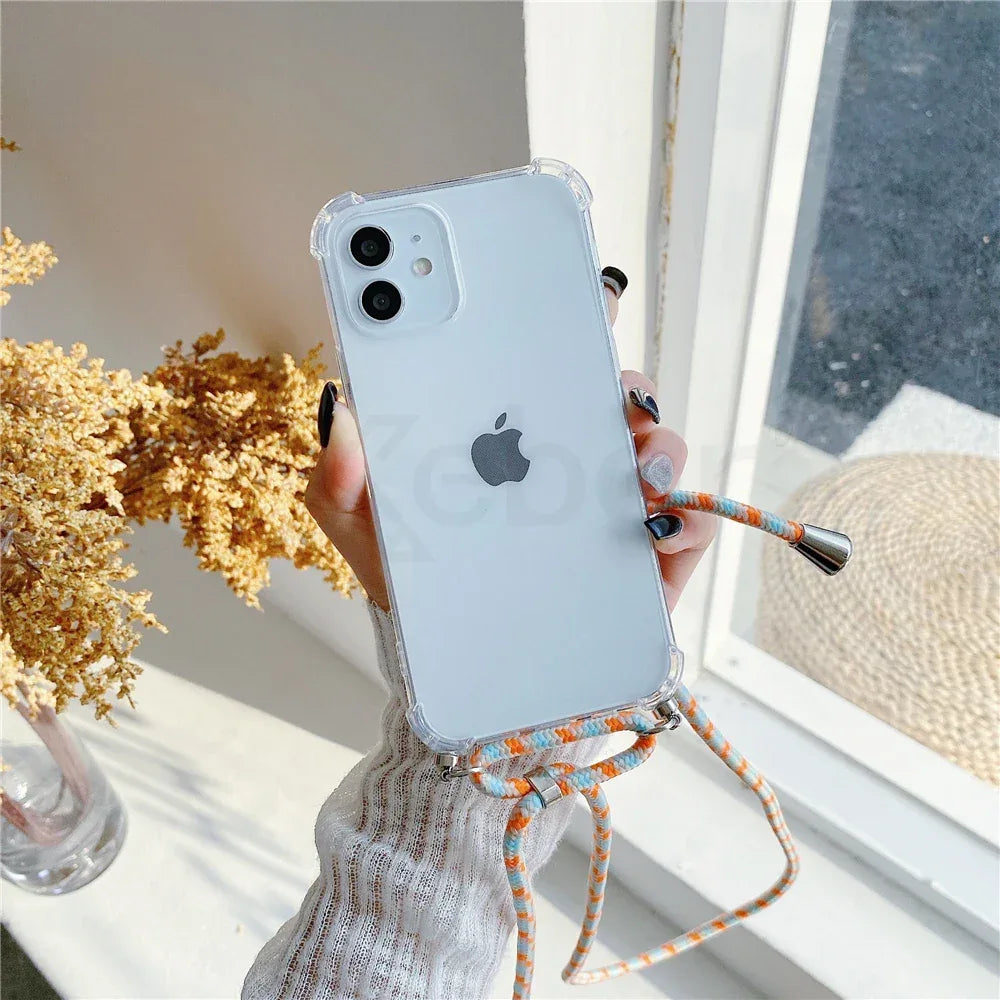 Necklace Lanyard Strap Chain Phone Case For iPhone 16 15 14 13 Pro Max 12 11 XS X XR Mini 7 8 Plus Transparent Soft Rope Cover