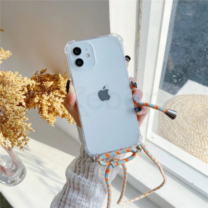 Necklace Lanyard Strap Chain Phone Case For iPhone 16 15 14 13 Pro Max 12 11 XS X XR Mini 7 8 Plus Transparent Soft Rope Cover