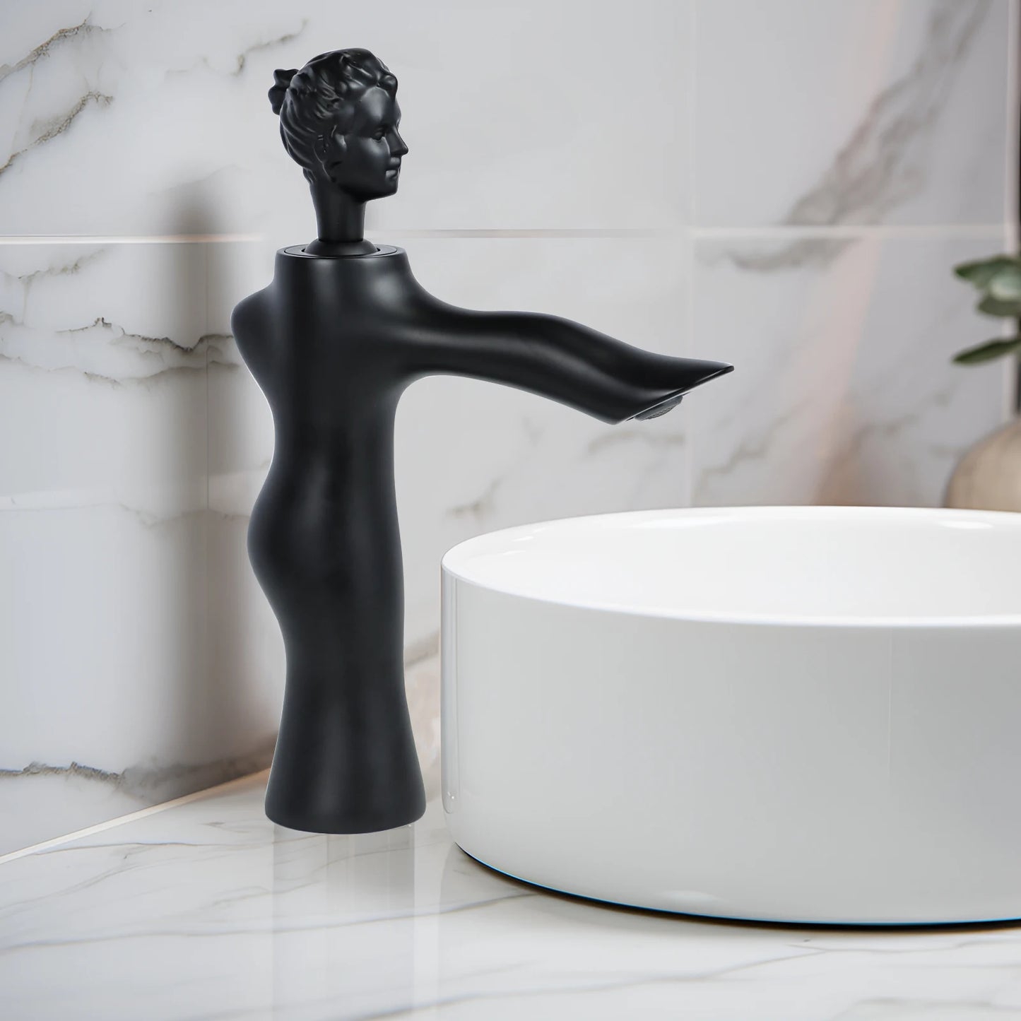 Brass Matte Black Thermostatic Vessel Sink Faucet-Vintage Statue Design Single Handle Tall Spout for 1 Hole Deck Mount
