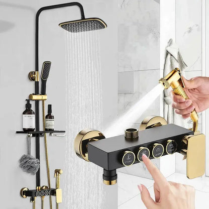 Deao Bathroom Gold Bathing Luxury Shower Kit 4 Functions Piano Brass Shower Set Thermostatic for Hotel