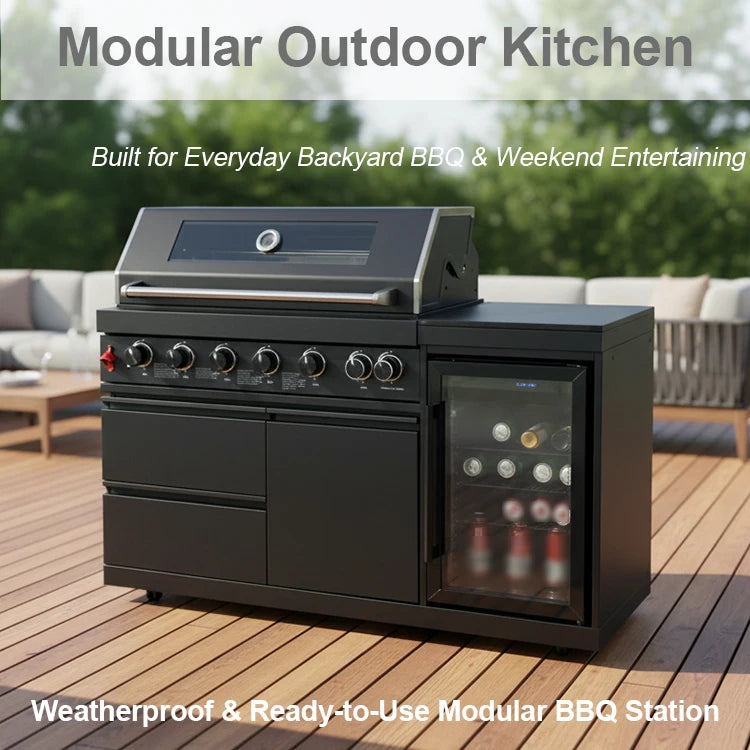 US Overseas Warehouse 2026 Hot Sale Premium Customized Modern Outdoor Kitchen Island BBQ Grills Cabinet With Fridge