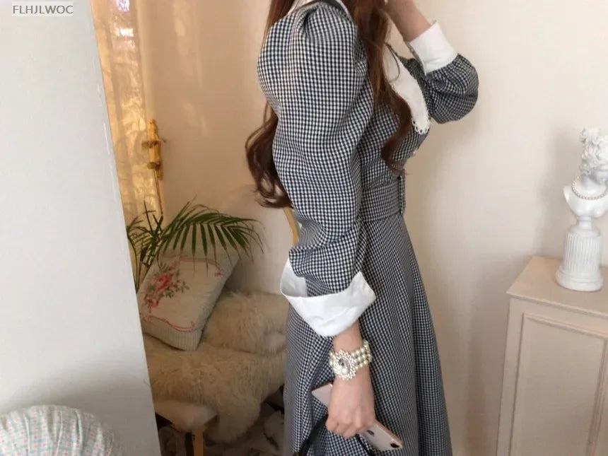 2021 Autumn Spring Basic Belt Plaid Shirt Dress Long Maxi Feminine Vestidos Chic Korea Design Clothes