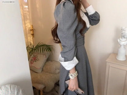 2021 Autumn Spring Basic Belt Plaid Shirt Dress Long Maxi Feminine Vestidos Chic Korea Design Clothes